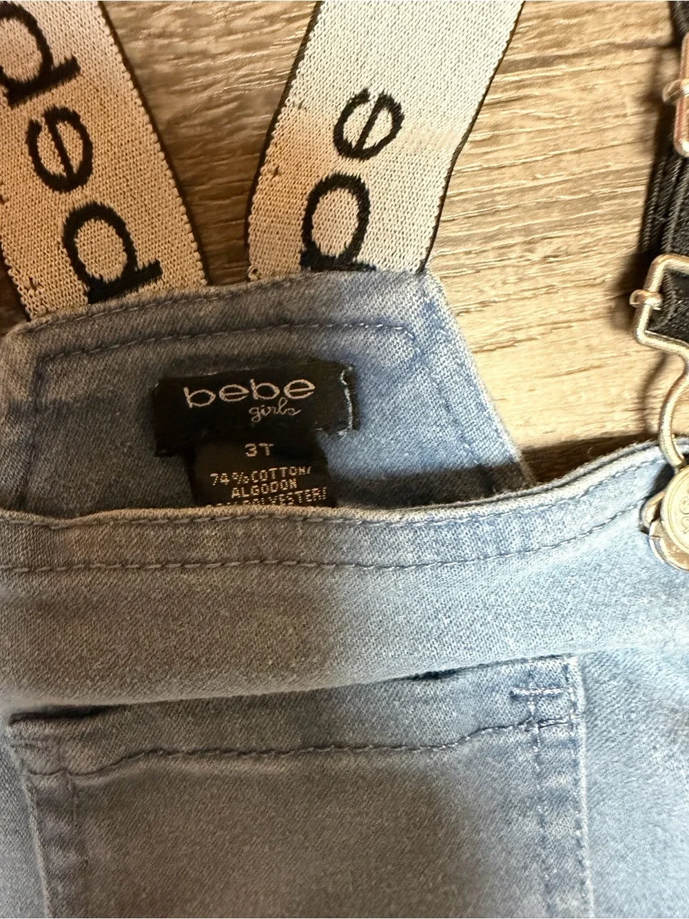 bebe Light Blue Denim Short Overalls with Logo Straps